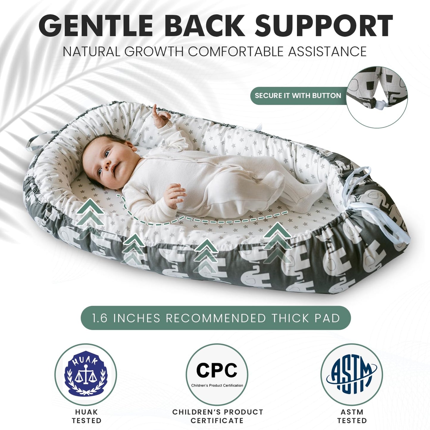 TKC Baby Lounger 0-24 Months | Adjustable Infant Lounger | Breathable Organic Cotton Cover | Reversible, Portable Baby Nest | Includes Bib | Elephant