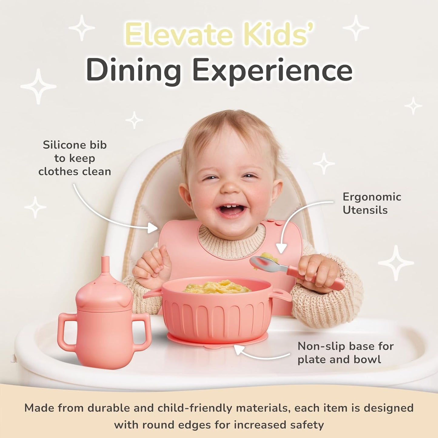 mimi & kiki BPA-Free Silicone Baby Feeding Set, Baby Plates and Bowls Set, Baby Led Weaning Supplies, Silicone Suction Plate, Baby Utensils, Bib and Cup, Self Feeding, Dishwasher Safe (Pink)