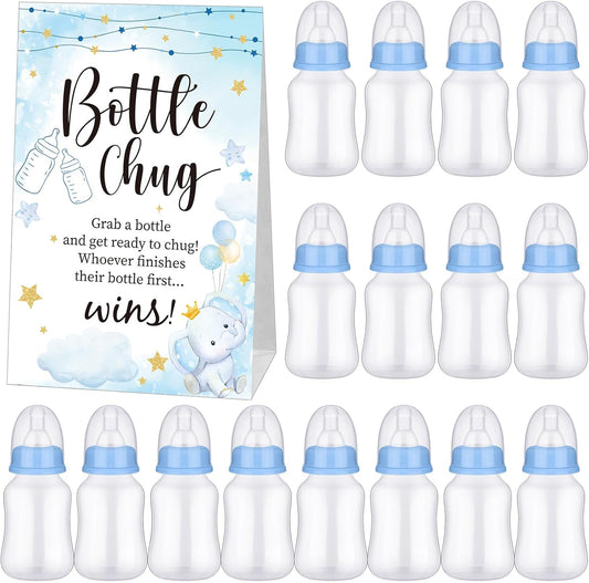 TrelaCo Bottle Chug Baby Shower Game 20 Pcs Baby Bottles Shower Favor with 1 Elephant Theme Sign for Gender Reveal Party Supplies Gifts(Blue)