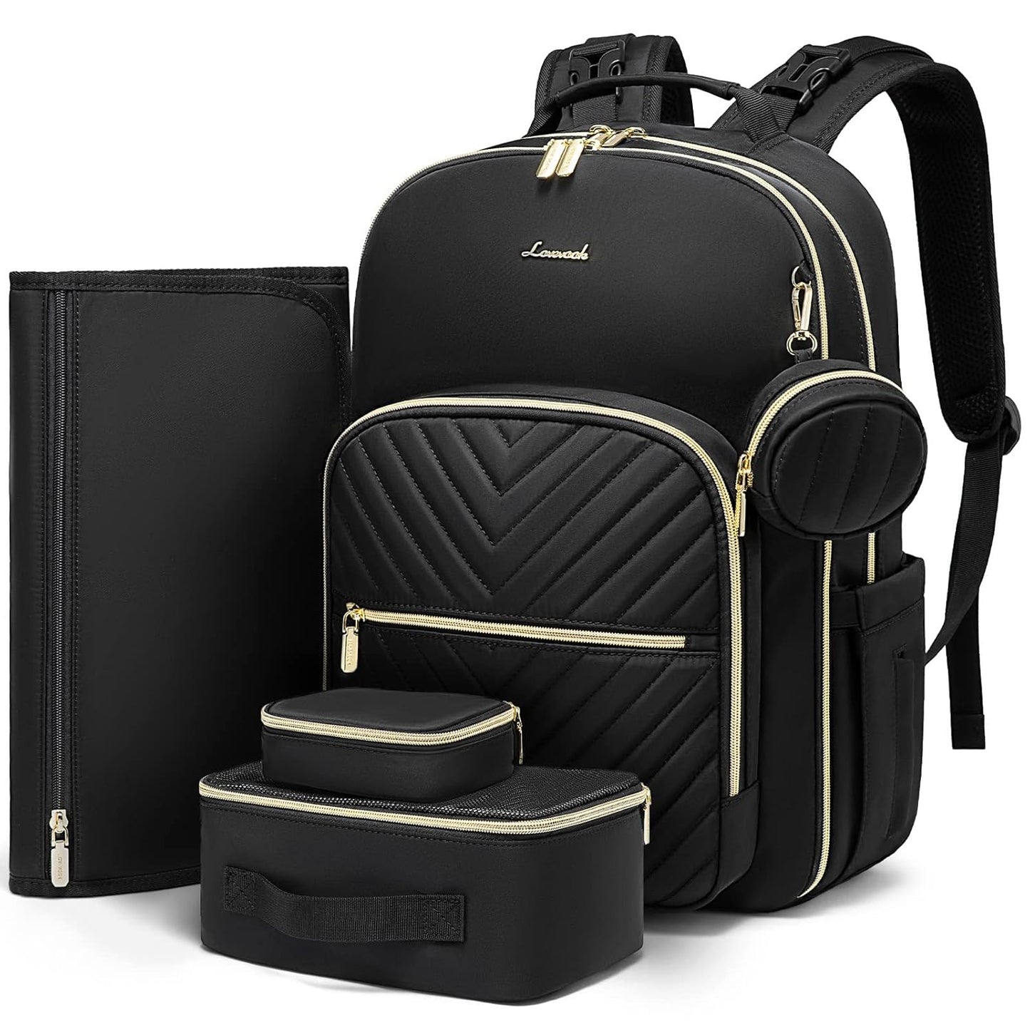 LOVEVOOK Diaper Bag Backpack with 2 Cubes, Quilted Baby Bag with Changing Pad & Pacifier Holder, Waterproof Travel Diaper Bags for Baby Boys Girls, Stylish and Large Capacity,5PCS Set, Black