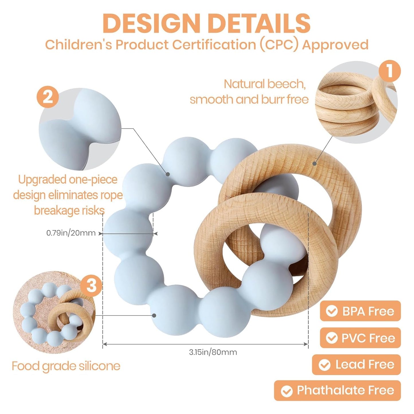 Socub Baby Teething Toys for 0-6 6-12 Months | BPA-Free Food-Grade Silicone & Natural Beech Wood Teether Ring for Newborn Infants Teething Relief | Easy-Grip Sensory Rattle Toys(Baby Blue)