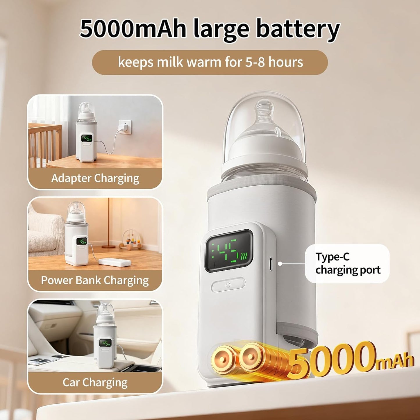 Portable Baby Bottle Warmer for Travel,Breastfeeding Essentials,Baby Bottle-Feeding Supplies Bottle Warmer On The Go,Breast Milk Warmer for Baby,Rechargeable 5000 mAh Battery,Digital Display