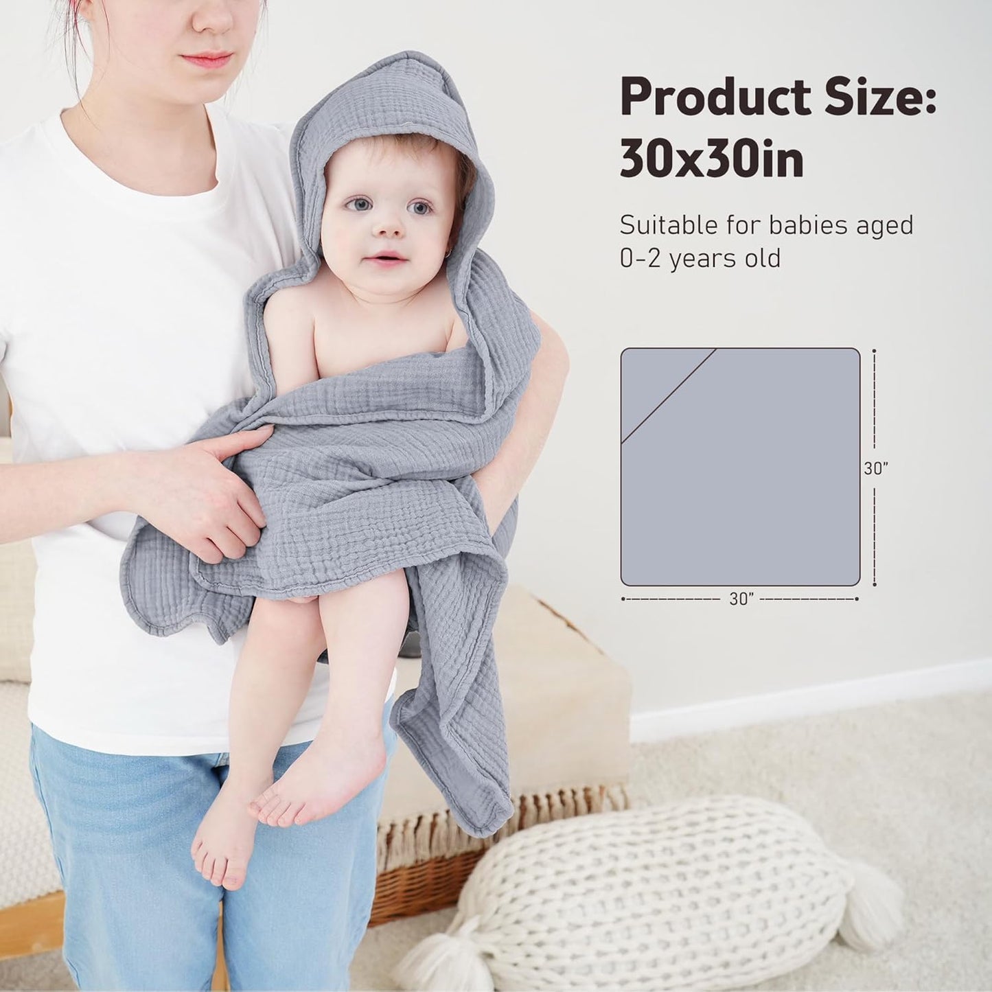 Susurration Hooded Baby Towels for Newborn 2 Pack 100% Muslin Cotton Towel for Babies，Highly Absorbent and Newborn Essential 30x30 Inch (Blue)