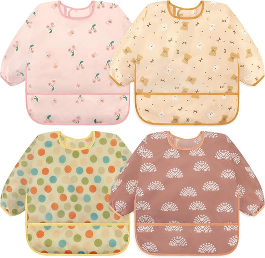 Accmor 4 Pack Long Sleeve Bibs, Baby Smock Waterproof Sleeved Bib Smock for Baby Toddler 6-36 Months