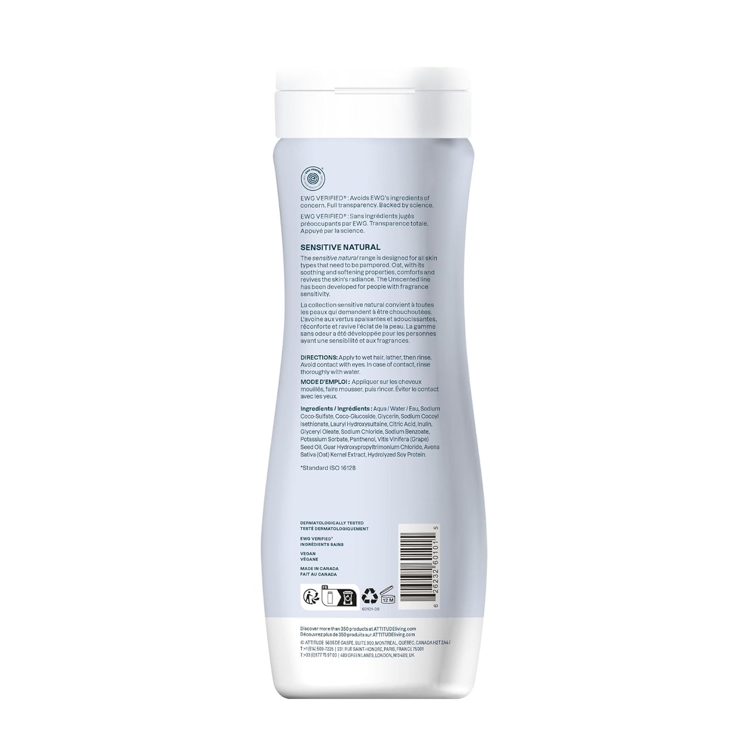 ATTITUDE Hair Shampoo for Sensitive Dry Scalp, EWG Verified, Soothing Oat, For Thin Hair, Naturally Derived Ingredients, Vegan and Plant-Based, Volume and Shine, Unscented, 16 Fl Oz