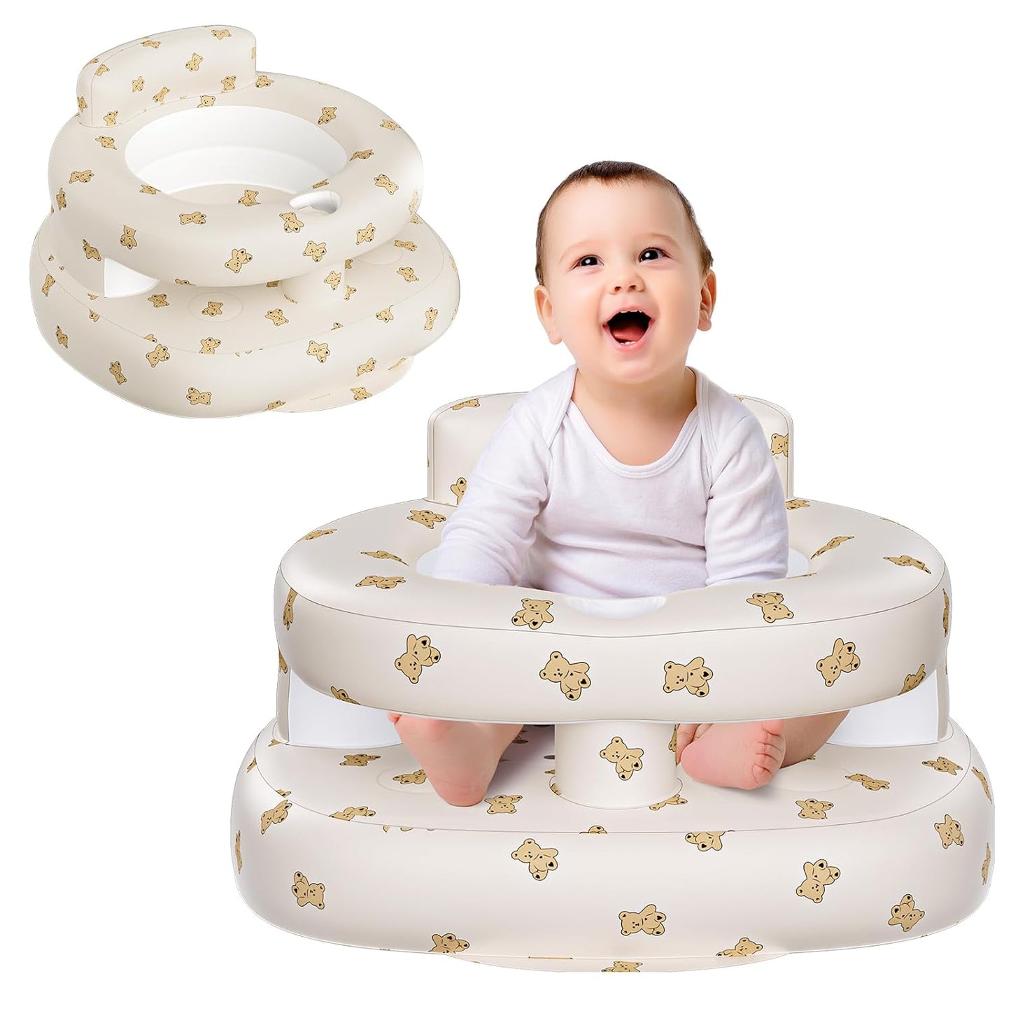 Upgrade Inflatable Baby Seat with Guardrails for Babies 3-36 Months, Built in Air Pump Bumbo Seat, Blow Up Baby Chair Sit Me up Floor Seat for Baby - Bear Rail