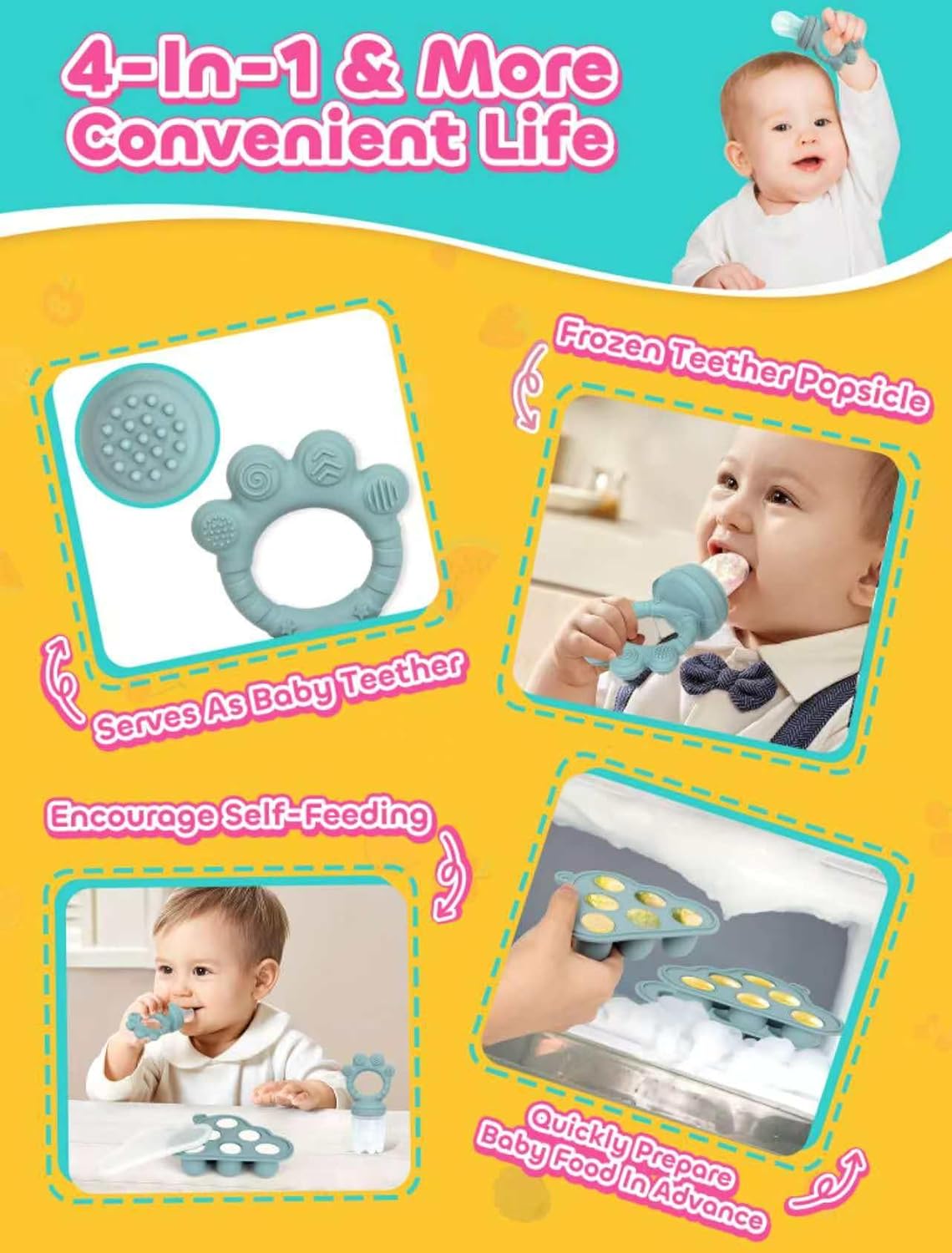 Baby Popsicle Molds & Food Feeder Set, Baby Fruit Feeder for Infant Teething Relief & Safe Infant Self Feeding 4 Months+ Starting Solids for Essentials (Green+Blue)