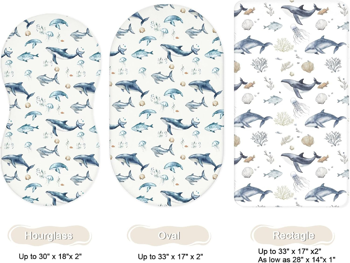 Bassinet Sheets for Baby Girls Boys 2 Pack, Fitted Baby Mattress Sheet for Rectangle, Oval, Hourglass Bassinet Mattress, Breathable Cozy & Universal Fit (Aquatic Adventures)