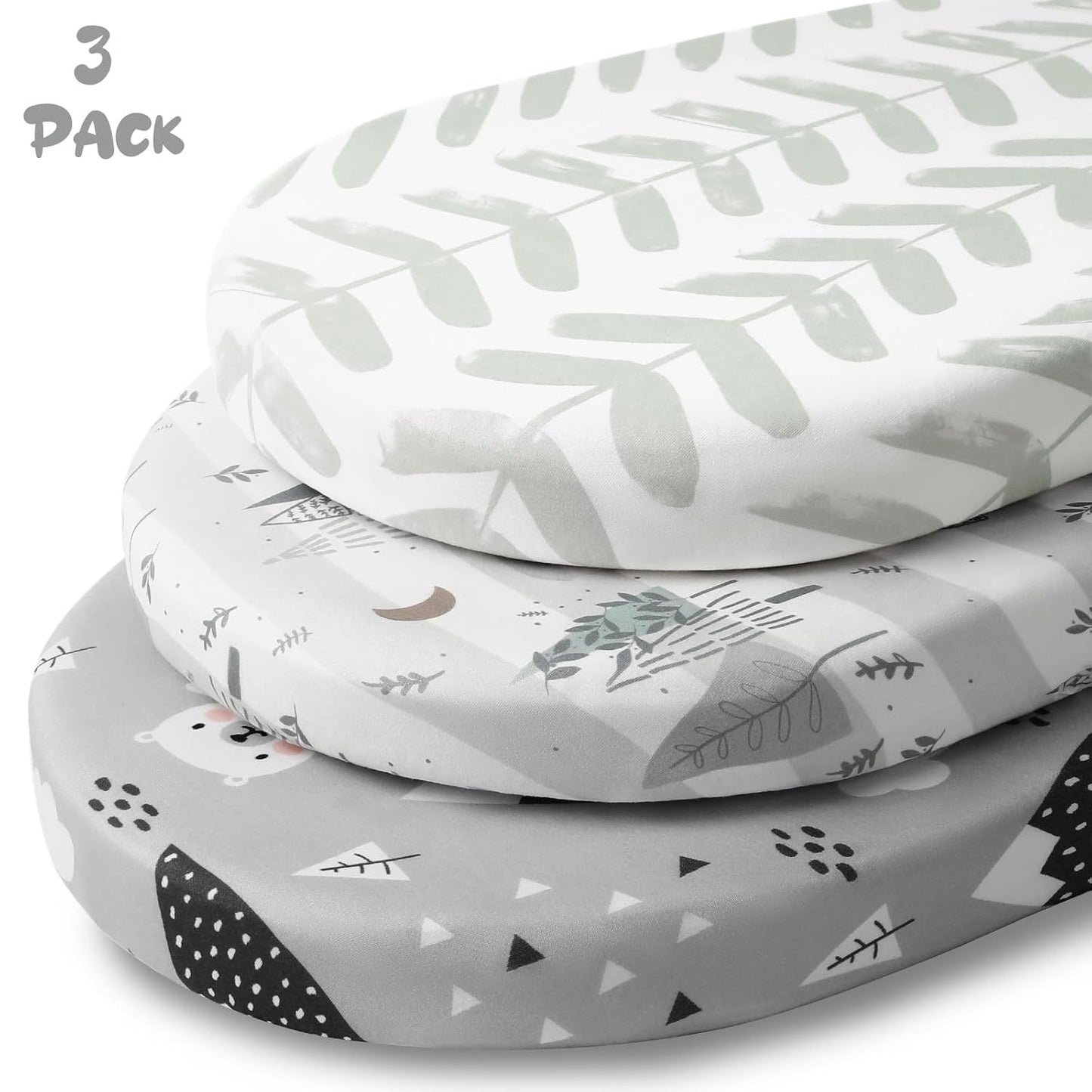 Yoofoss Bassinet Sheets for Baby,3-Pack Fitted Bassinet Sheets Set Compatible with Halo Bassinest Swivel Sleeper,Baby Delight,Angelbliss,Soft Breathable Bassinet Mattress Sheets(Grey+Bear)