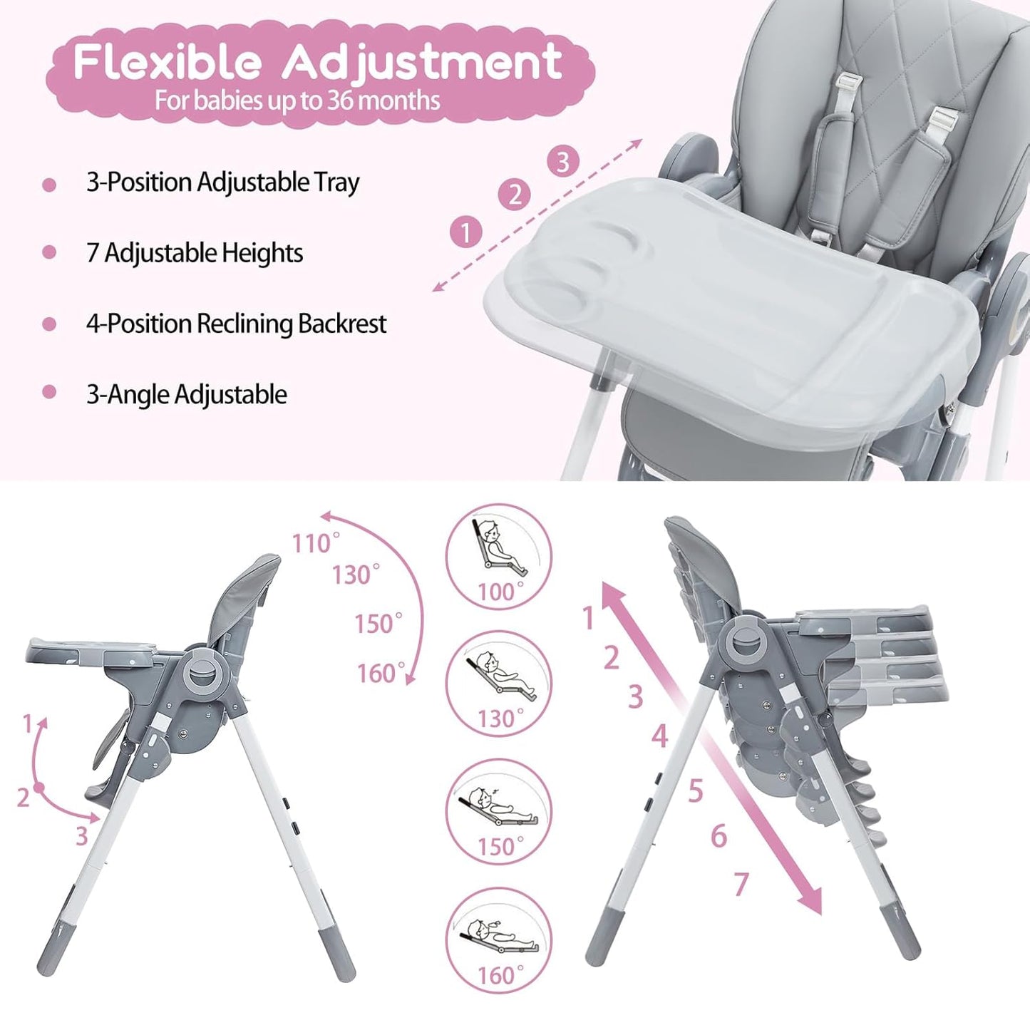 GAOMON Baby High Chair, Multifunctional Infant Highchairs with Adjustable Height and Recline, Foldable High Chair for Babies & Toddlers, High Chair with Removable Tray Easy Clean (Dark Gray)