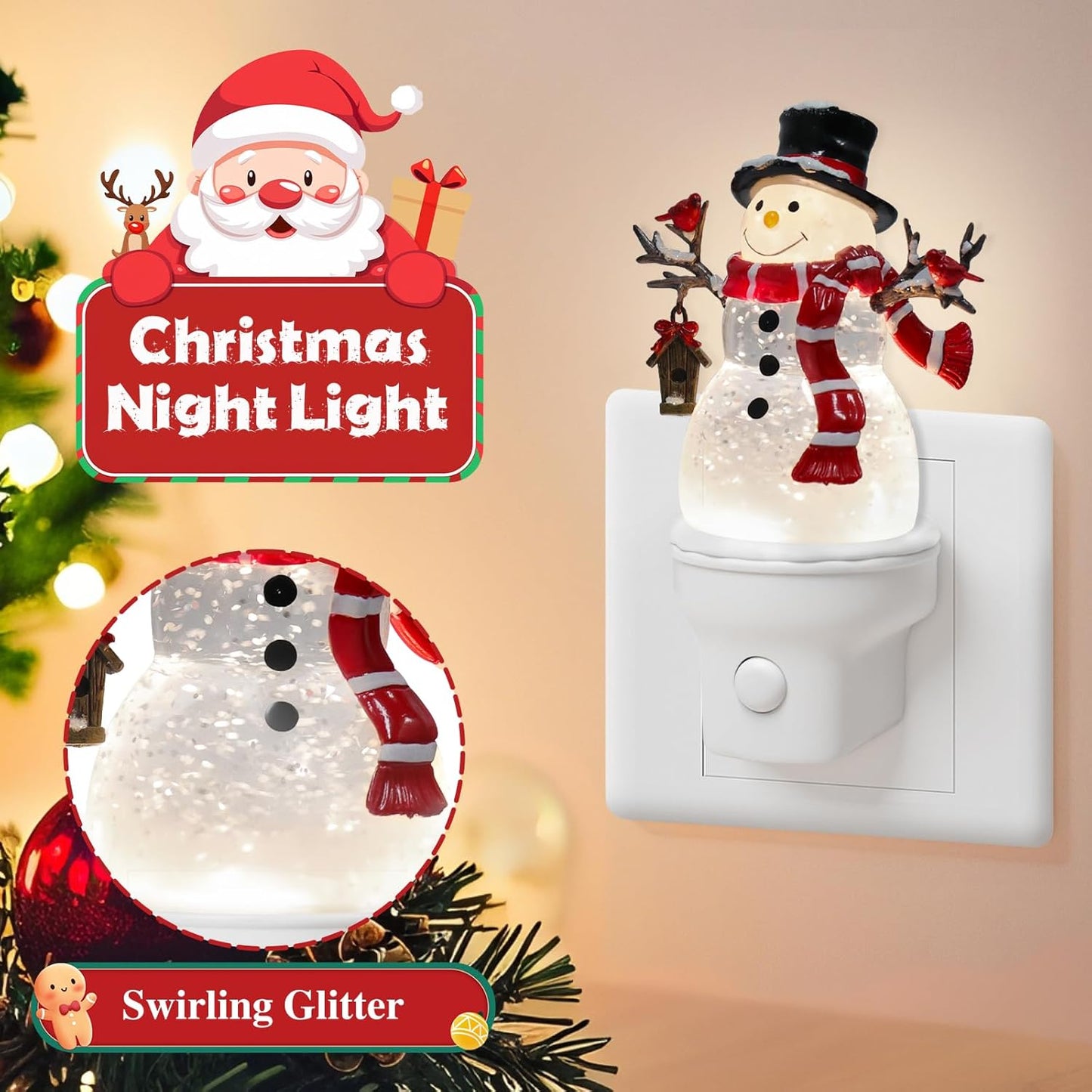 2 Pack Christmas Snowman Night Light Plug into Wall Glitter Water Nightlight with USB/Outlet Options, Christmas Decorative Nightlight for Bedroom Kitchen Holiday Decorations Gifts (Snowman)