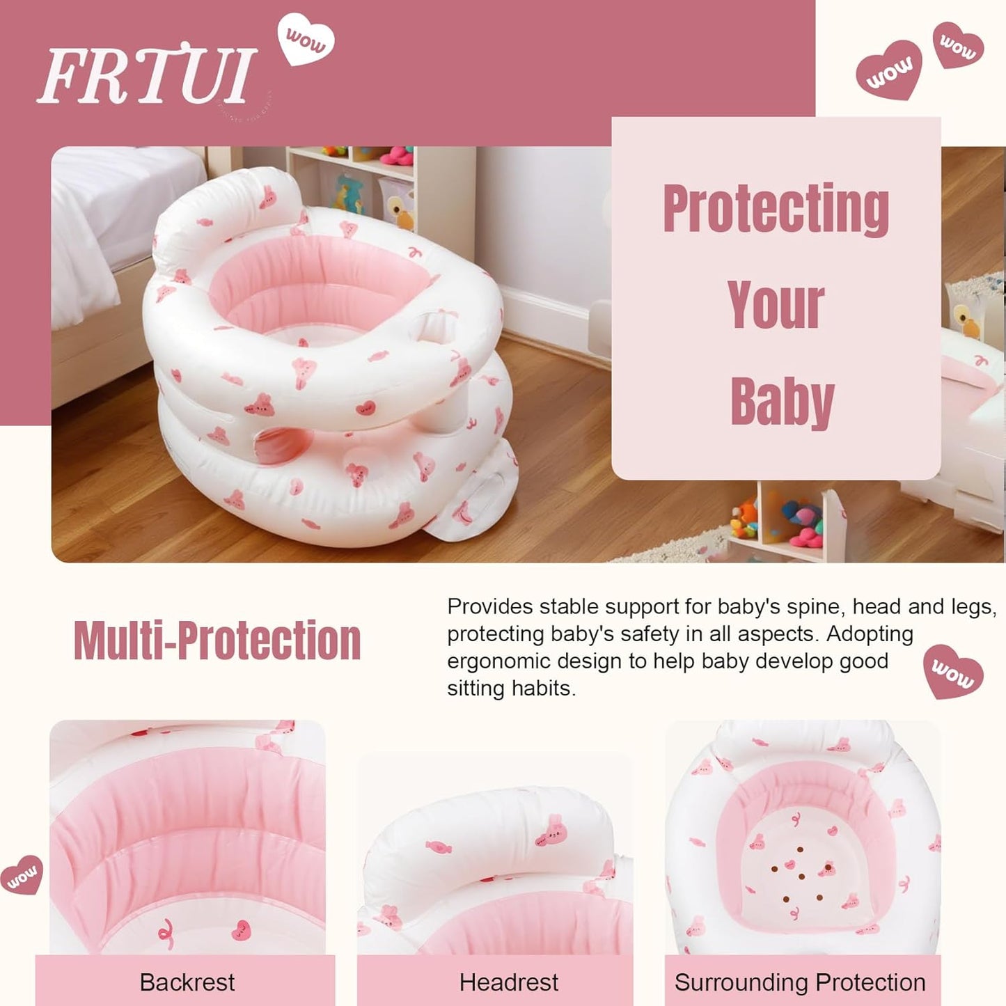 Inflatable Baby Seat for 3-36 Months Babies, Blow up Baby Chair with Built-in Air Pump, PVC Material, Full Enclosure Protection, Outdoor Travel Inflatable Chair for Infant, Pink Love Rabbit