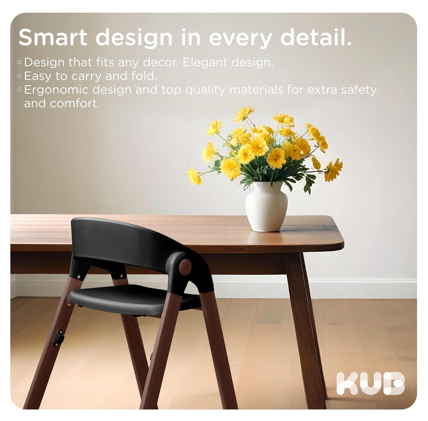 KUB High Chair for Babies and Toddlers Adjustable Foldable Convertible 5 Point Harness Easy Clean Wood-Printed Metal with Removable Tray Baby Highchair for Family (Black&Walnut Wood-Printed Metal)