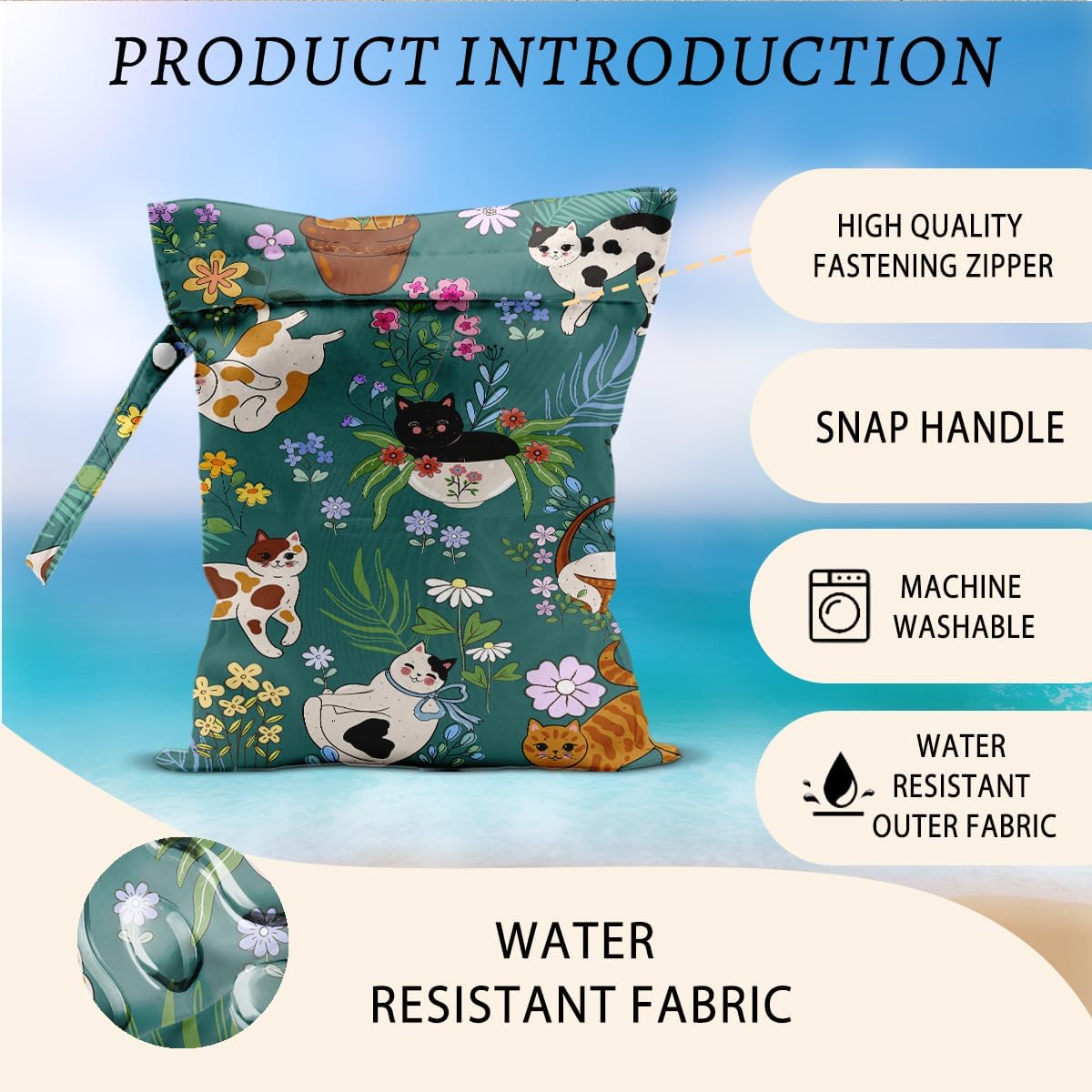 Cat Wet Bags 12x10 Inch, Flowers Waterproof Wet Dry Bags, Colorful Floral Reusable Washable Travel Laundry Bag for Swimsuit Beach Diapers Dirty Yoga Gym Clothes, Cat Gifts for Women Friend Travelers