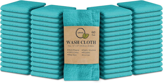 Softolle 100% Cotton Washcloths 60 Pack (12x12 Inches) Soft, Highly Absorbent Washcloth, Face Towels, Wash Cloths for Face, Ring Spun, Bulk Pack (Turquoise)