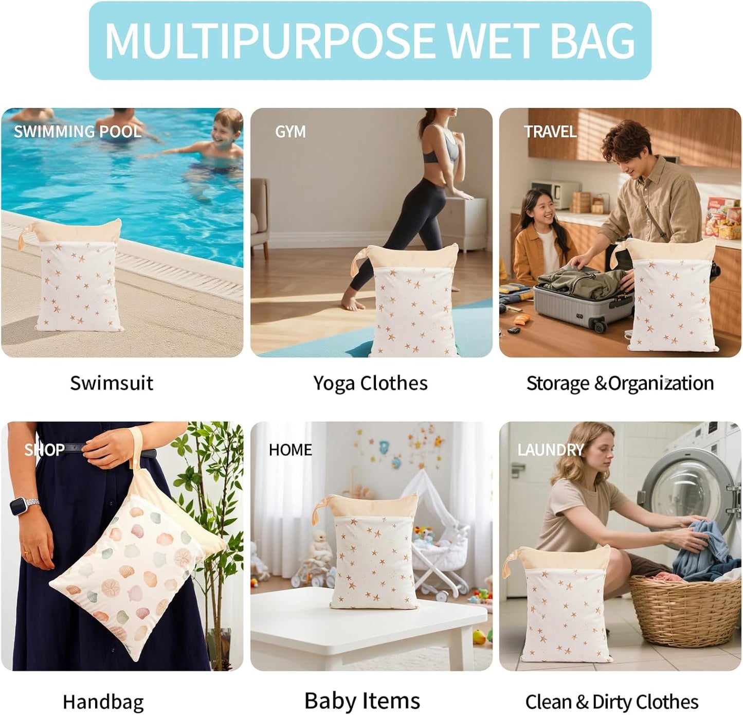 2pcs Wet Bags Waterproof Reusable Wet Dry Bag with Two Zippered Pockets Travel Beach Pool Daycare Yoga Gym Bag for Baby Cloth Diaper,Swimsuits,Wet Clothes (Shells & Starfish)