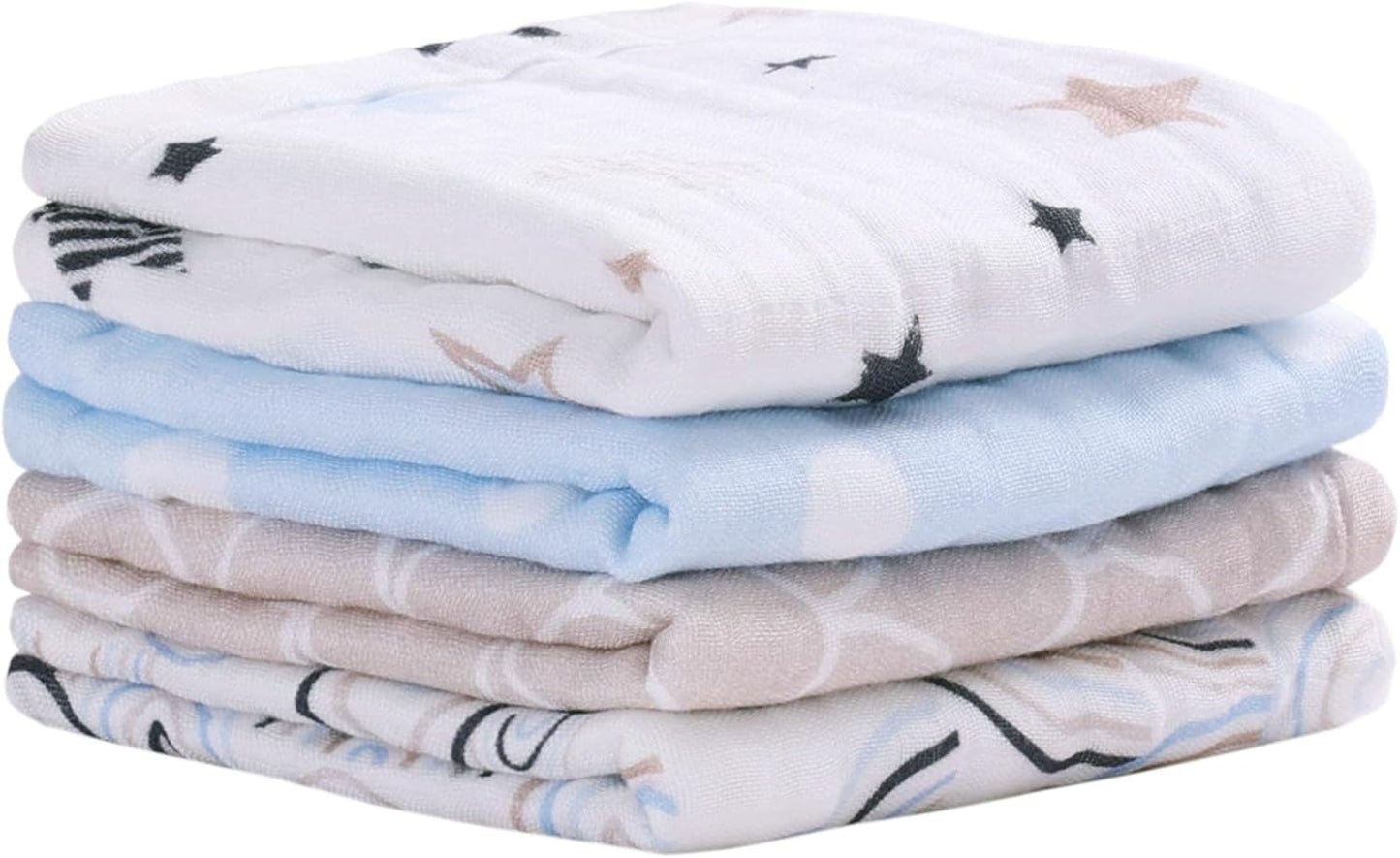 Viviland Baby Muslin Burp Cloths, Super Absorbent Washcloths for Baby Girl and Boy, 10 x 20 inches 6-Layer Baby Bath Towels, Blue Rainbow & Stars 4 Pack