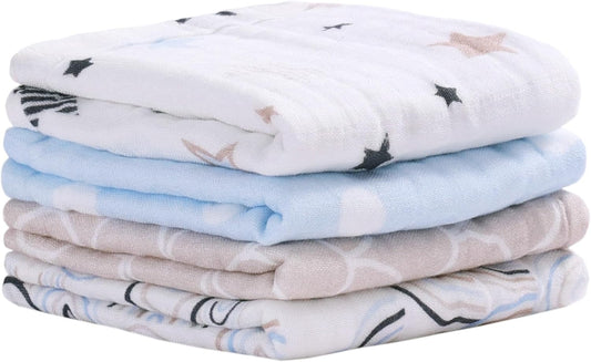 Viviland Baby Muslin Burp Cloths, Super Absorbent Washcloths for Baby Girl and Boy, 10 x 20 inches 6-Layer Baby Bath Towels, Blue Rainbow & Stars 4 Pack