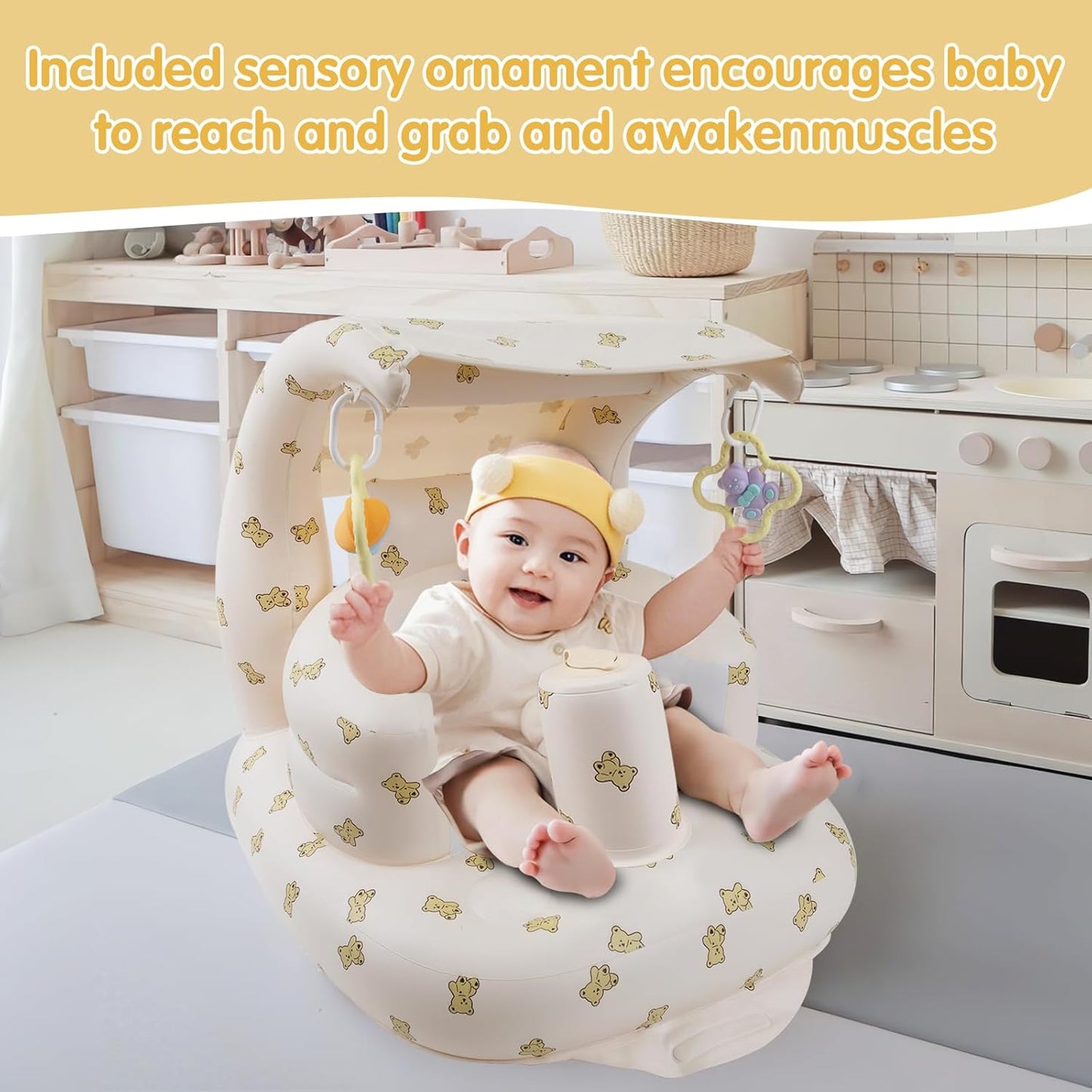 Inflatable Baby Chair with Canopy and Sensory Ornament, Inflatable Baby Seat for Babies 3 Months & Up Sitting Up, Blow Up Infant Floor Seat with Built in Air Pump - Bear