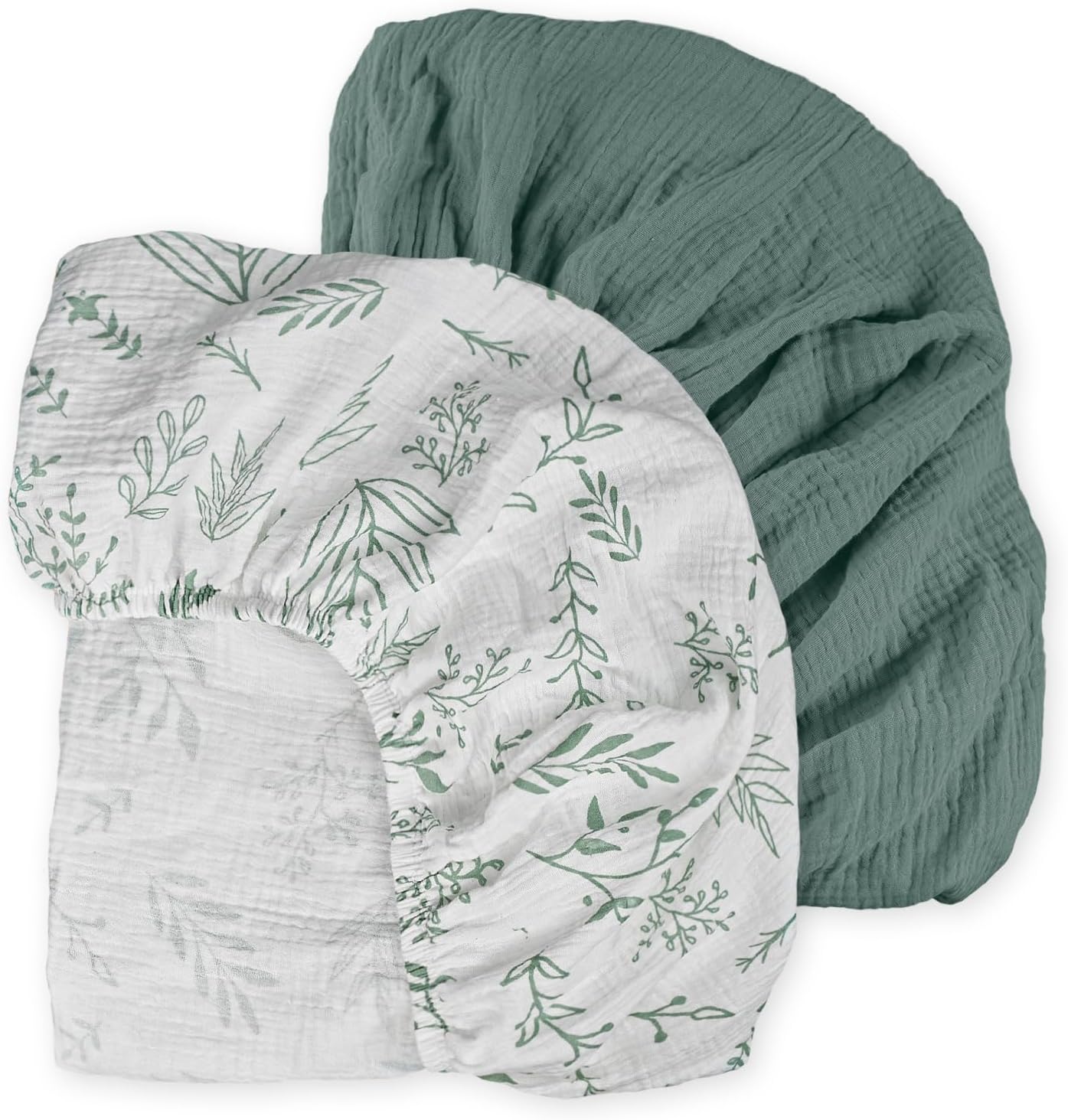 Muslin Mini Crib Sheets, 2 Pack for Baby Boy and Girl, Soft Breathable Stretchy Baby Pack N Play Mattress and Mini Cribs Sheet, Universal Fitted Portable/Mini Crib Mattresses (Natural Leaves)