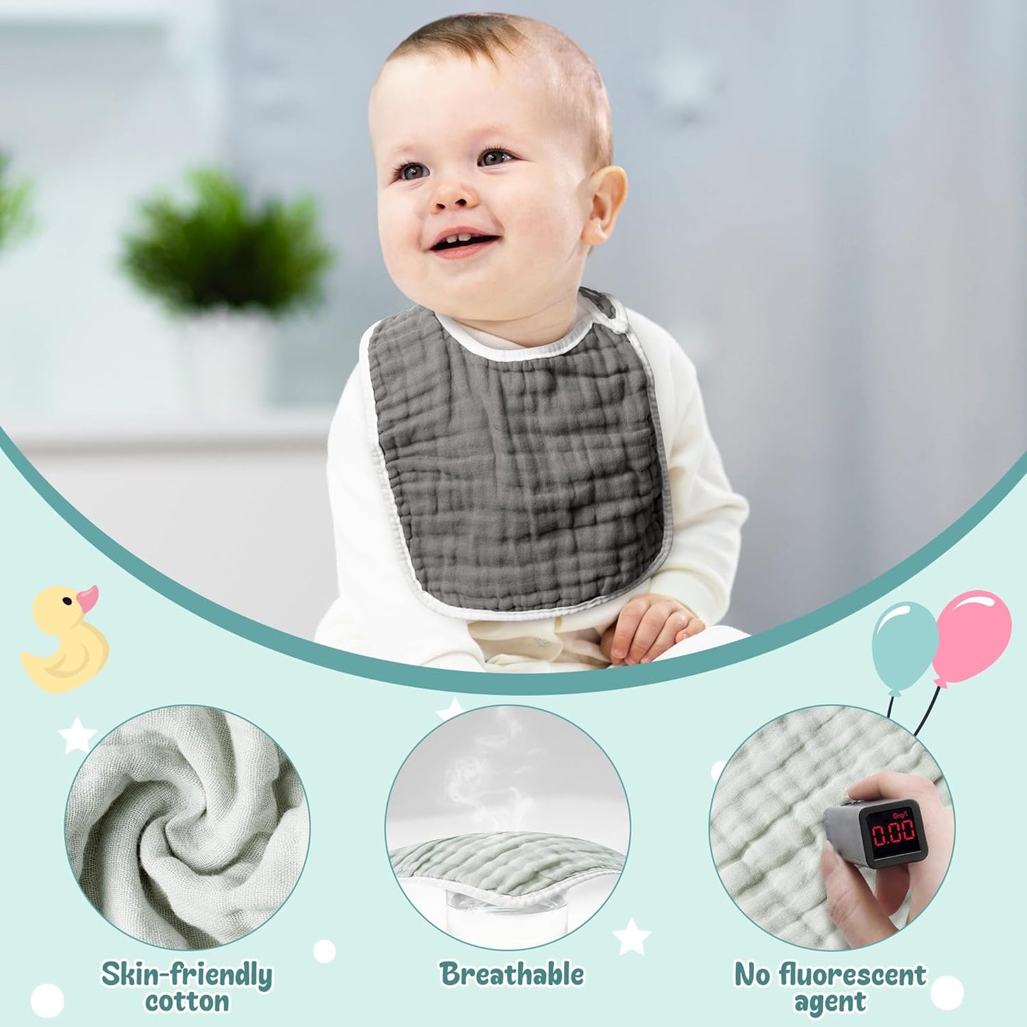 Zainpe 6Pcs Snap Muslin Cotton Baby Bibs White Grey Infants Drooling Bib Soft & Absorbent Adjustable Unisex Burp Cloths Feeding Cloth for Toddlers Girls Boys Newborns Eating Teething 0 to 24 Months