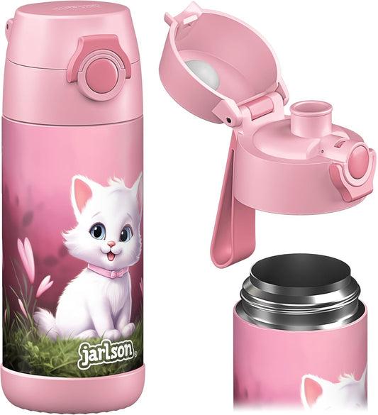 Jarlson® Mali Children's Water Bottle, Thermal Stainless Steel Water Bottle, BPA-Free, Leak-Proof, Children's Bottle with Chug Lid, Bottle for School, Nursery (Cat 2.0, 12 oz)