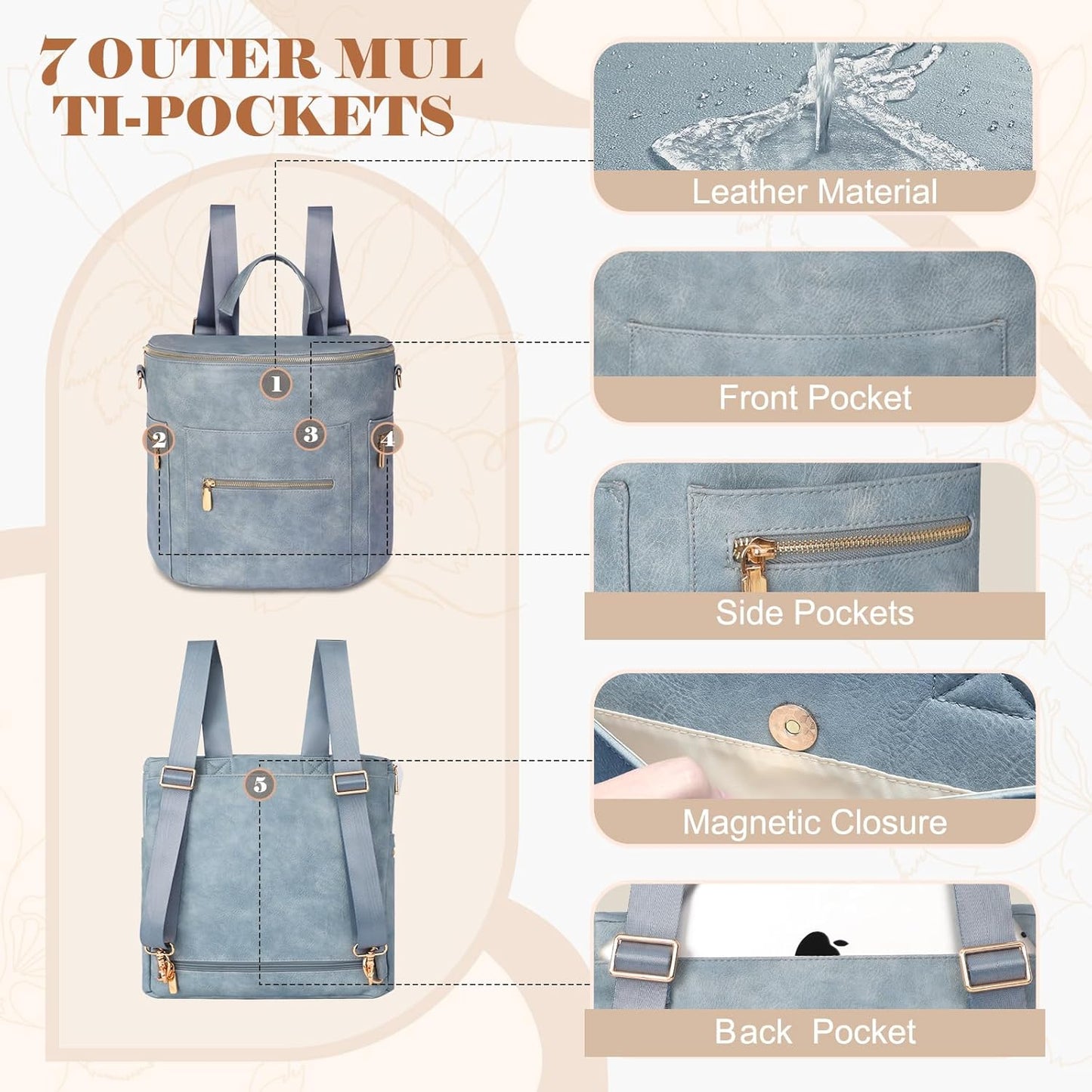 miss fong Diaper Bag Backpack Baby Diaper Bag, Large Leather Diaper Backpack with 16 Pockets Travel Diaper Bag with Diaper Changing Pad, Stroller Straps & 2 Insulated Pockets
