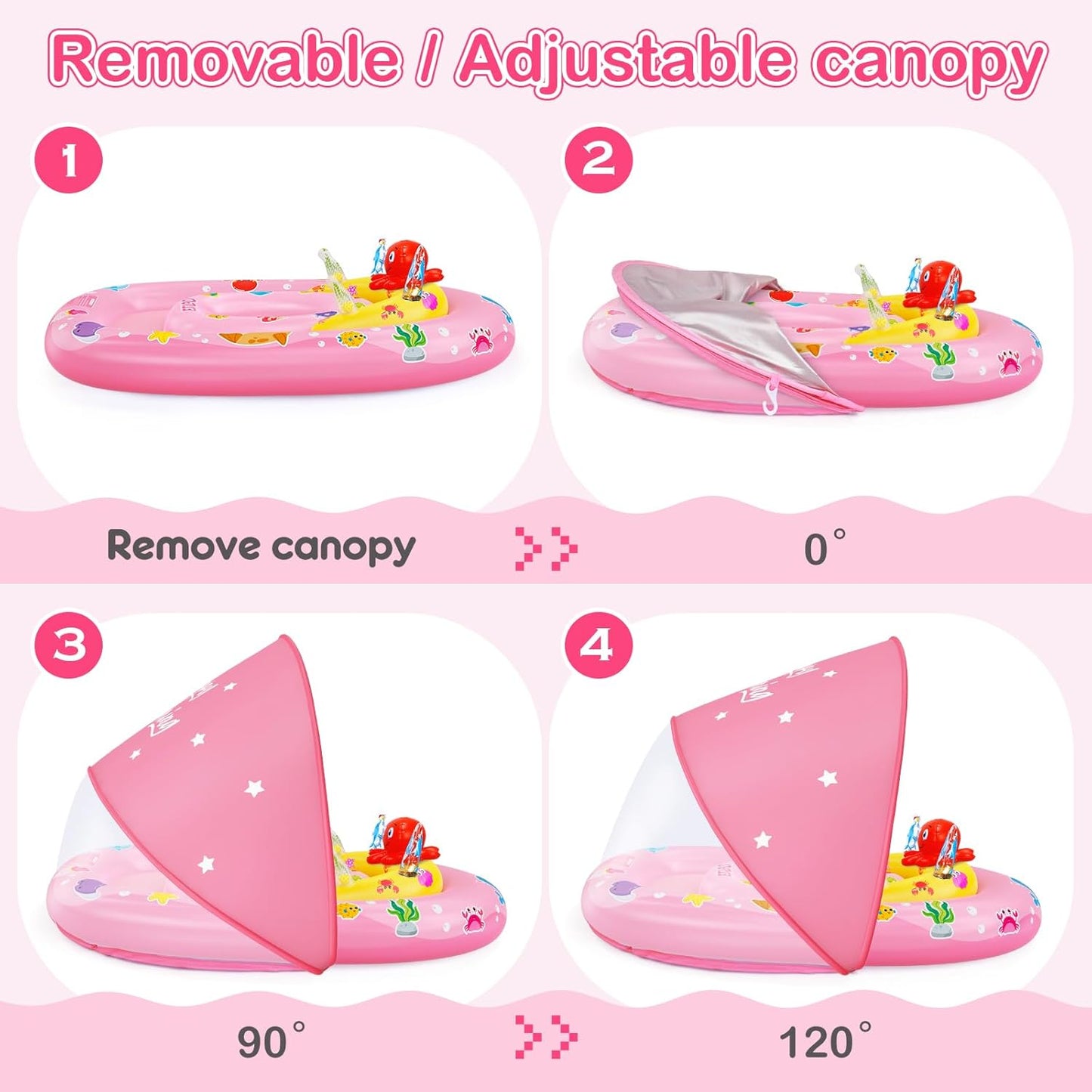 EZIGO Baby Pool Float with Canopy UPF50+ Sun Protection, Inflatable Kids Pool Floats with Ocean Animal Toys for Baby 6-36 Months, Infant Swimming Float with Adjustable Safety Seat for Boys Girls