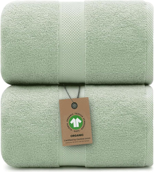 100% Organic Luxury Bath Sheets - GOTS Certified - Extra Large 35x70 Inches (Pack of 2) Zero-Twist, Long-Staple Cotton Bath Sheet Set (Eucalyptus Green)
