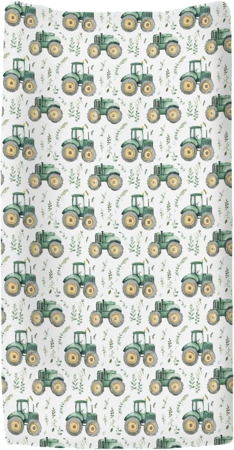 Watercolor Green Tractors Baby Changing Pad Covers for Boy Girl Farm Tractors Boho Leaves Fitted Change Table Mats Farm Life Soft Diaper Change Table Cover Sheets for 32''×16'' Contoured Pad