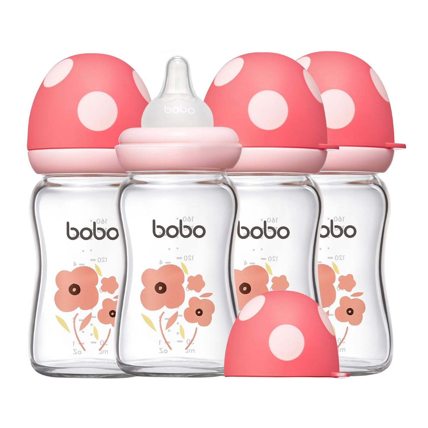YOHKOH Natural Glass Baby Bottle with Natural Response Nipple, Newborn Anti-Colic Baby Bottles, Wide Neck Mushroom Cap Baby Bottle, Clear ((5.4oz (Pack of 4), Red-1)