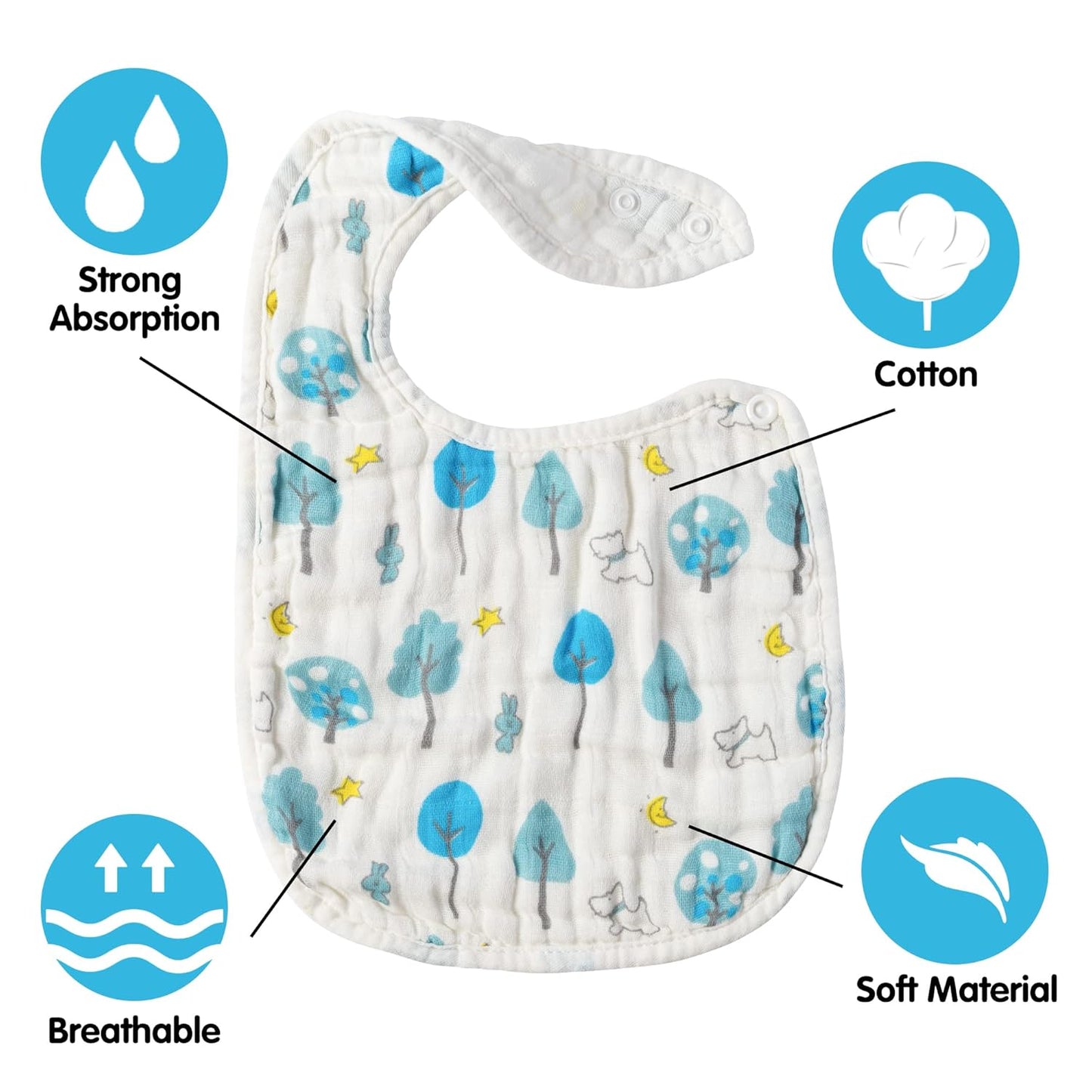 Zainpe 6Pcs Snap Muslin Cotton Bibs for Baby Bear Fox Deer Dog Bib Adjustable Machine Washable Burp Cloths with 6 Absorbent Soft Layers for Unisex Infant Newborn Toddler Drooling Feeding Teething