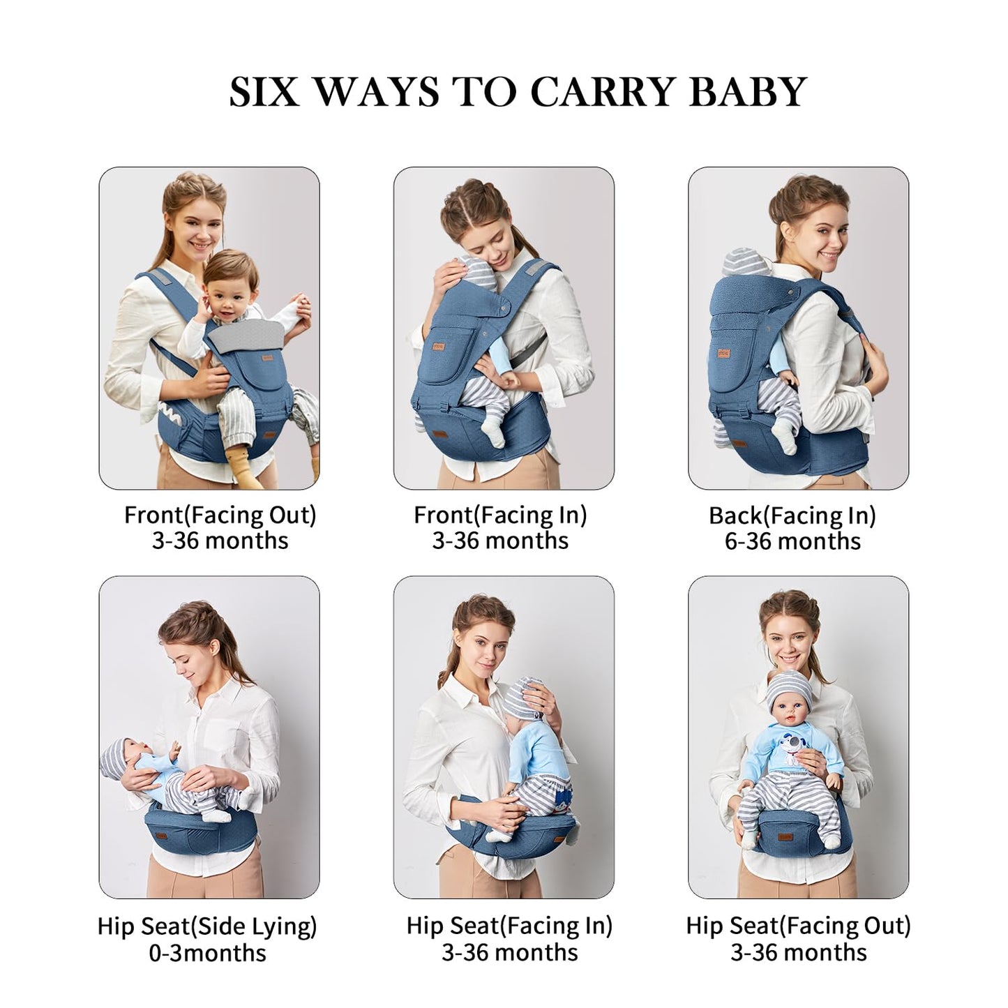 Baby Carrier with Hip Seat, Baby Carrier Newborn to Toddler, 6-in-1 Ways to Carry, All Seasons, Adjustable Baby Holder Carrier for Breastfeeding(Dark Blue)