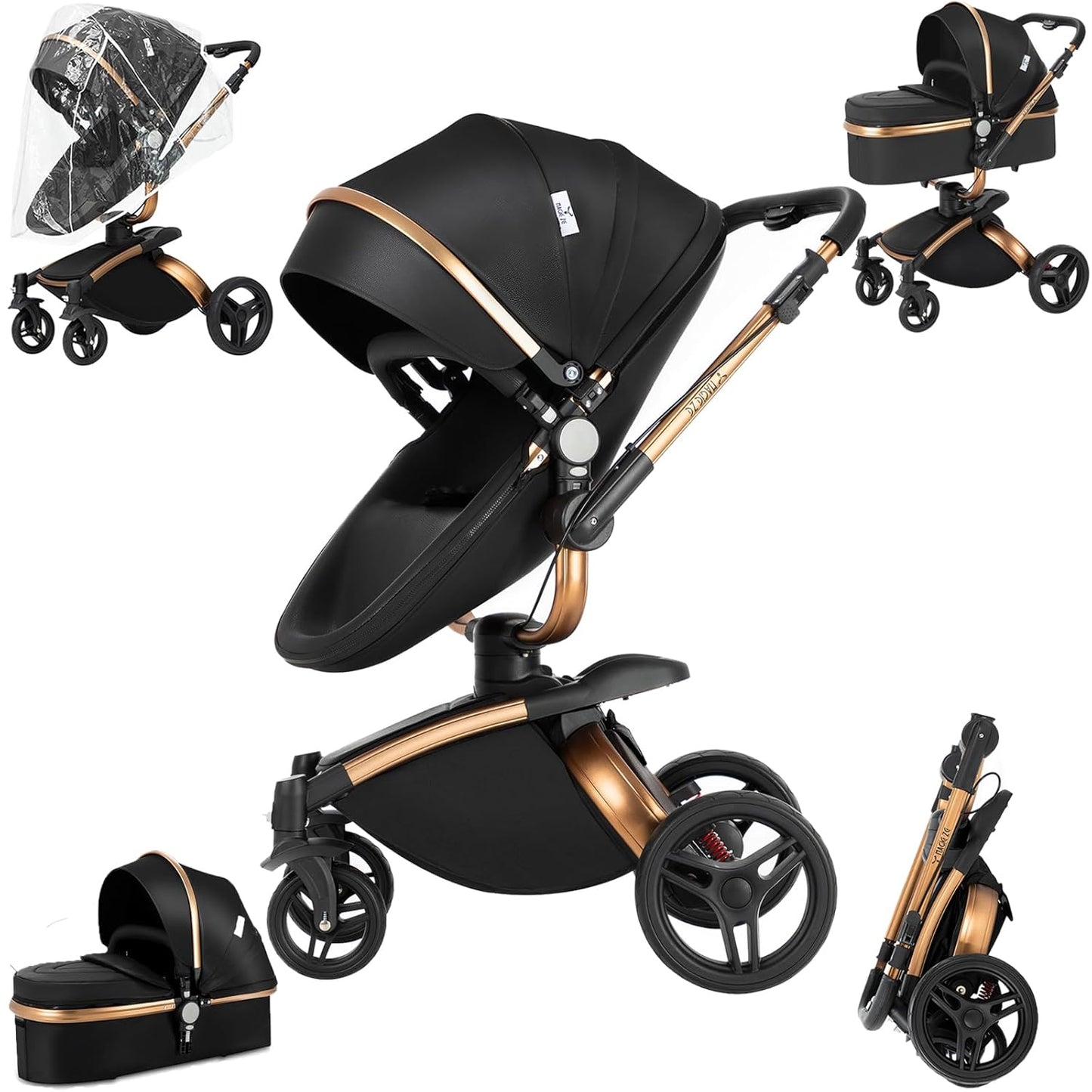 360° Rotatable PU Leather 2 in 1 Convertible Baby Stroller Mode, Infant Stroller One-Click Folding, Toddler Newborn Travel Standard Carriage Pram (HR002-Black)