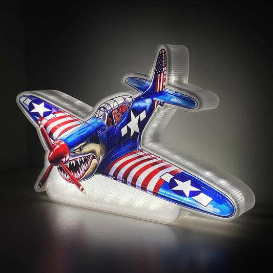 American Shark Fighter Warplane Night Light Up Box for Boy Kids Teens Gifts USB Powered Lamp Lightbox Bedroom Room Wall Hanging Art Table Desk Decorations Decor Sign