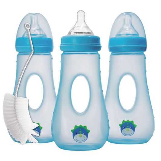 Avima Easy Grip Anti Colic Baby Bottles, BPA Free, 8 oz. Wide Neck w/Medium Flow Silicone Nipples & Bottle Brush Blue Set (Pack of 3)