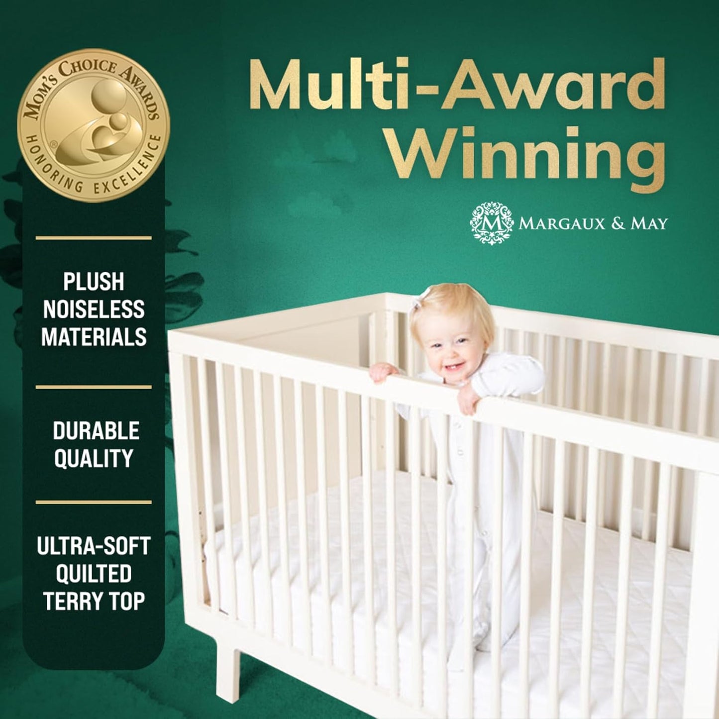 Margaux & May Crib Mattress Protector Pad - Ultra-Soft Waterproof Breathable Premium Bamboo Rayon - Noiseless Fitted Dryer Safe Cover. High Absorbency Oeko-TEX Certified (28 x 52 x 9 inches)