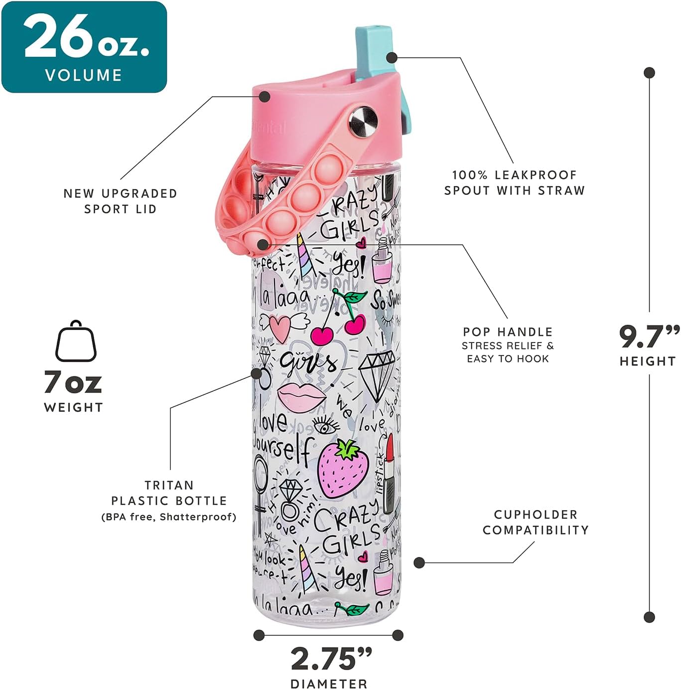 Elemental Splash Water Bottle with Straw - BPA-Free Tritan Plastic Reusable Water Bottle with Pop It Strap - Ideal for Travel, Gym and Sports - Leak Proof when Spout is Closed - 26oz - Girl Power