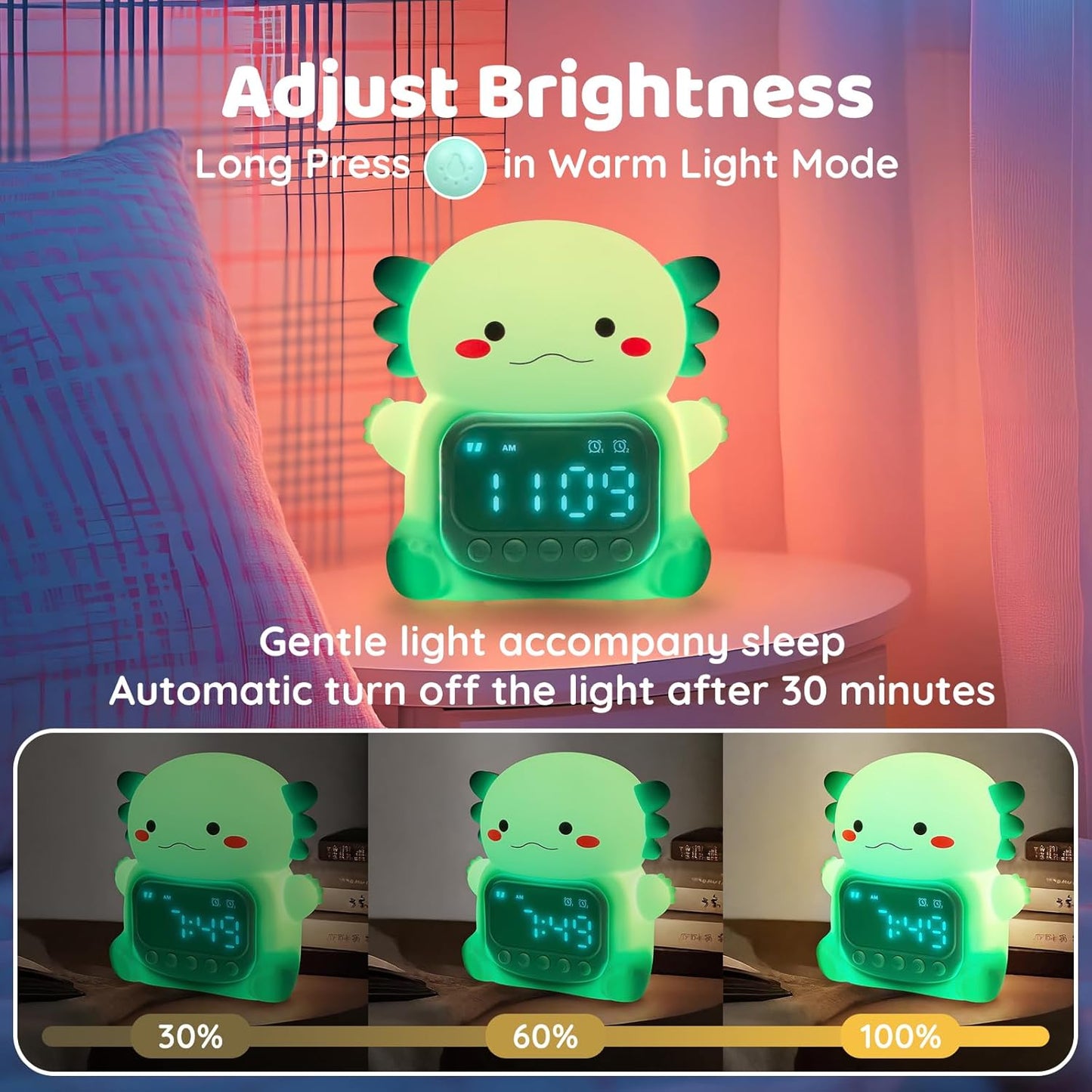 Axolotl Alarm Clock with Night Light for Kids, Rechargeable Silicone Lamp Time to Wake Clock Cute Animal Tabletop Lamp, Perfect Sleep Companion for Boys Girls, Green