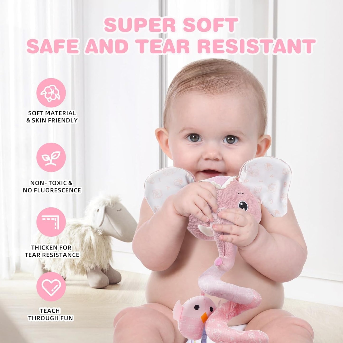 Jollybaby Crib Stroller Car Seat Toys for Baby 0-3-6-9-12 Months, Tummy Time Hanging Sensory Toys for Newborn with Music Box and Teether, Spiral Carseat Toy for Boys Girls Gifts (11-Sz Pink Elephant)