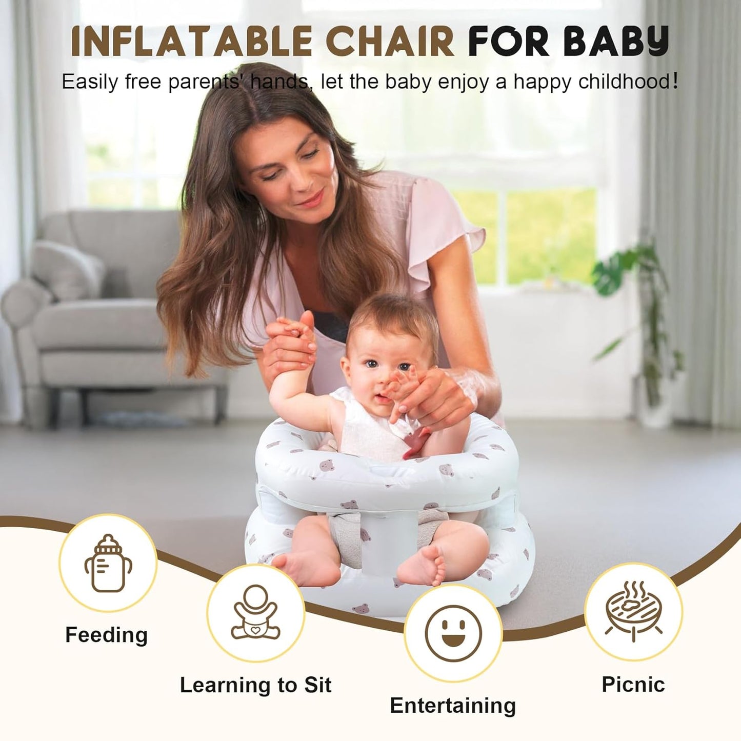 Inflatable Baby Seat for 3-36 Months Babies, Blow up Baby Chair with Built-in Air Pump, PVC Material, Full Enclosure Protection, Outdoor Travel Inflatable Chair for Infant
