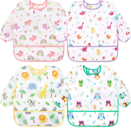 Accmor 4 Pack Long Sleeve Bibs, Baby Smock Waterproof Sleeved Bib Smock for Baby Toddler 6-36 Months