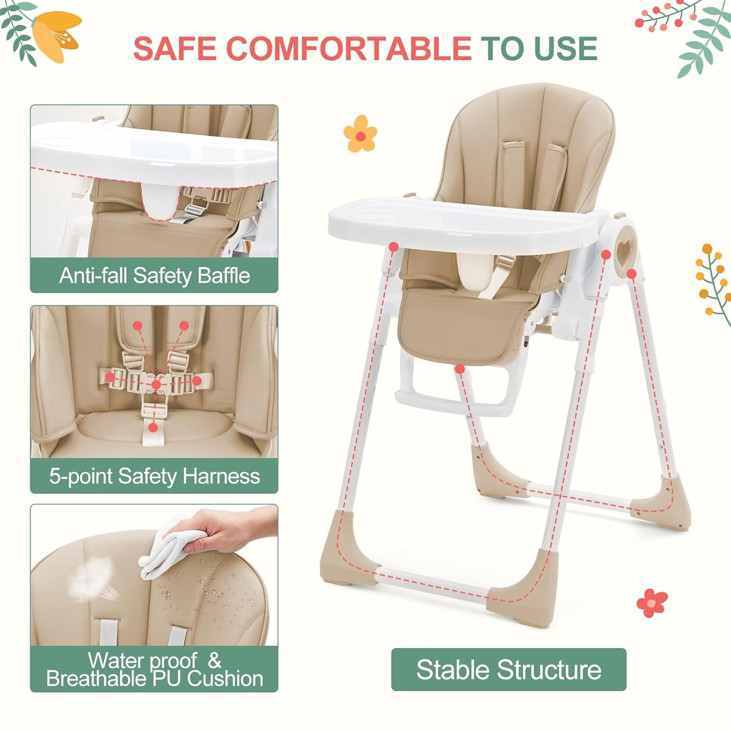 Foldable High Chairs for Babies and Toddlers, Adjustable Infant Baby Chair with Removable Tray and Non-Slip Foot Pads, Highchair for Children Aged 6 to 36 Months, Champagne
