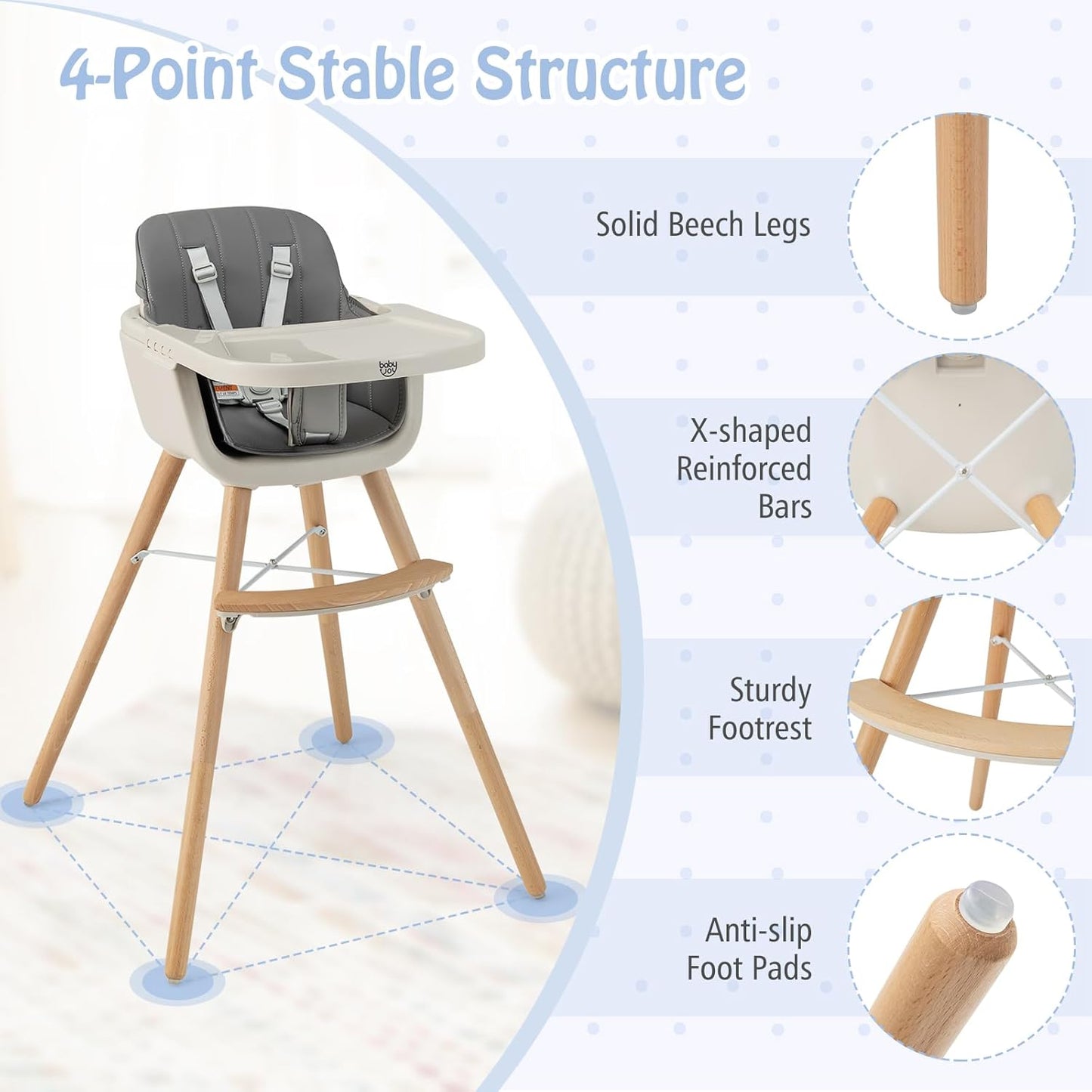 BABY JOY Baby High Chair, 3-in-1 Convertible Wooden Highchair for Babies & Toddlers, Infant Feeding Chair w/ 5-Point Safety Harness, Footrest, Adjustable Legs, Removable Tray & PU Cushion (Dark Gray)