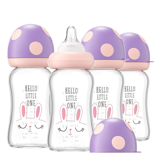 YOHKOH Natural Glass Baby Bottle with Natural Response Nipple, Newborn Anti-Colic Baby Bottles, Wide Neck Mushroom Cap Baby Bottle, Clear ((5.4oz (Pack of 4), Purple)
