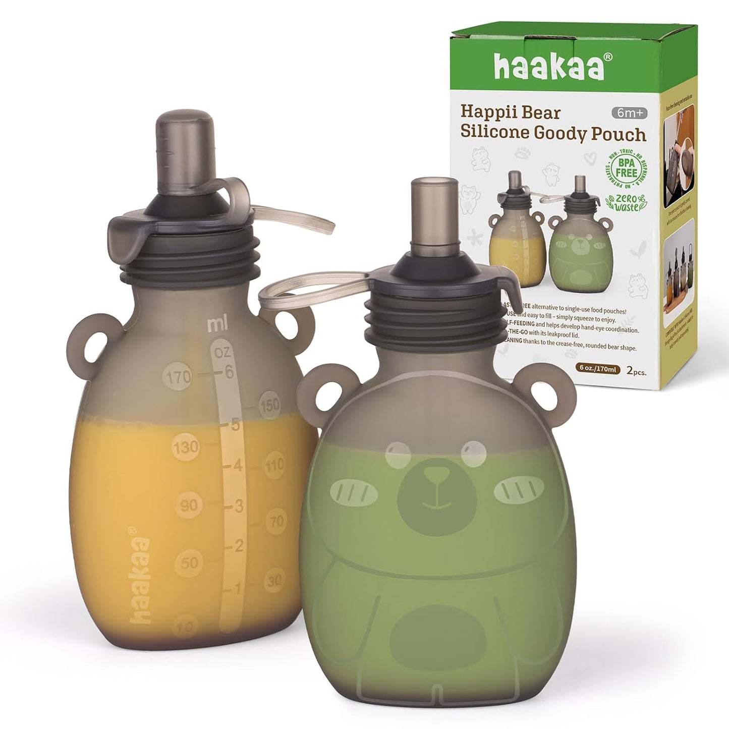 haakaa Happii Bear Silicone Goody Pouch,Reusable Baby Food Pouches for Homemade Organic Purees, Juices, Smoothies, and Yogurt - Perfect for Toddlers and Kids - 2 Pack, 6oz