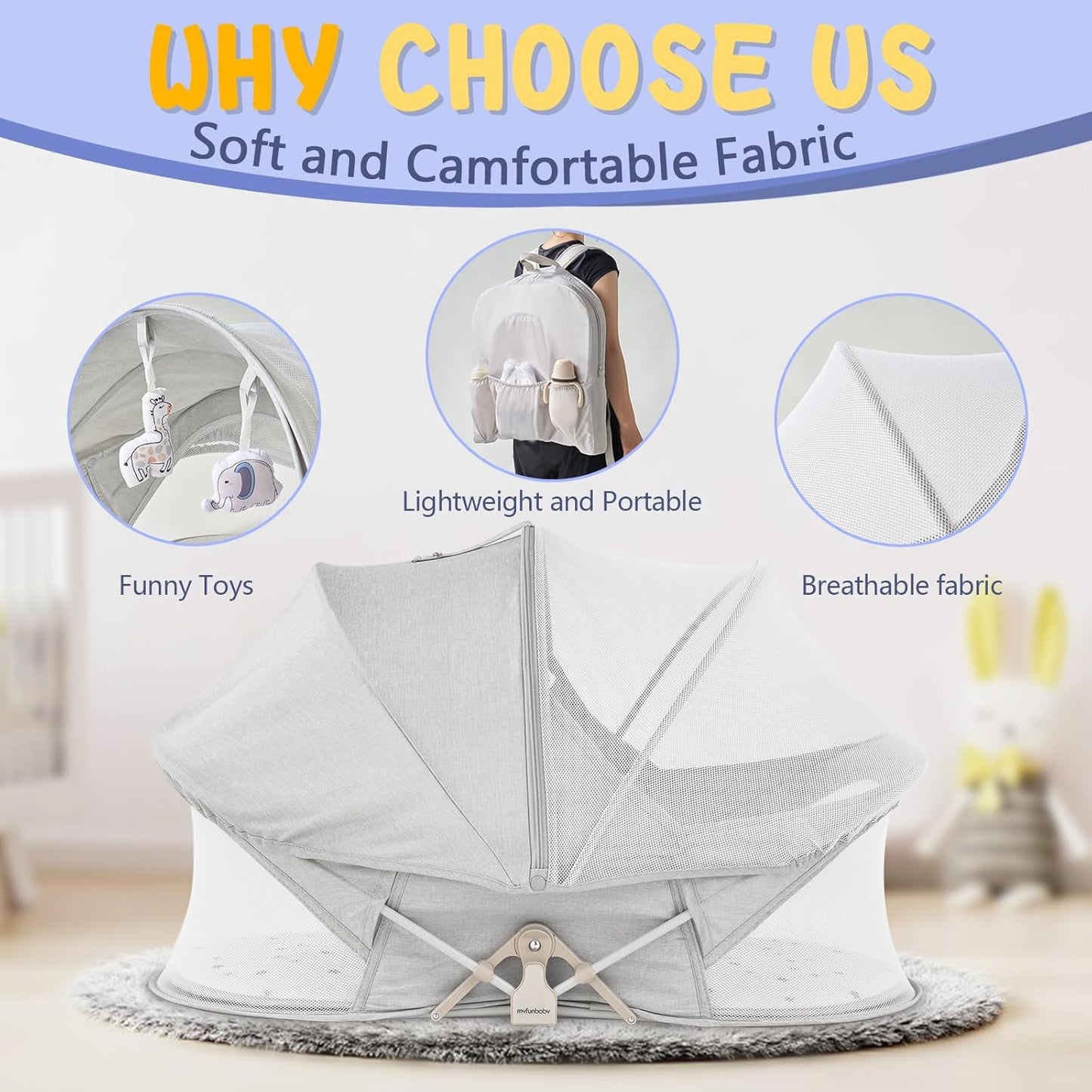 Portable Baby Bassinet Travel Baby Bed included Carry Backpack , Baby Cribs Travel Pod for Outdoors Baby Lounger Infant Travel Bed with Mosquito Net and Sunshade Canopy, Lightweight Washable Foldable