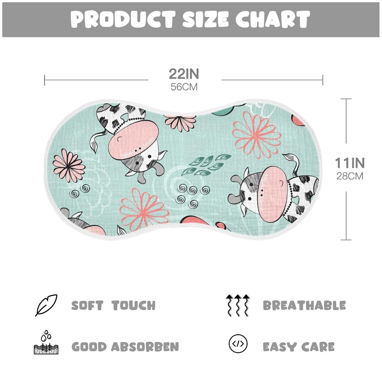 Kigai Cow Muslin Baby Burp Cloths, Large Absorbent Cotton Muslin Burp Cloths Set of 1, Washcloths, Face Towel, Bibs for Newborn Boys Girls, 11 x22 Inch