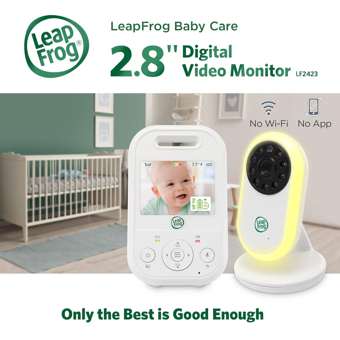 LeapFrog LF2423 Baby Monitor, 2.8” Screen Video Monitor with Camera, 2-Way Audio, 1000ft Range, Night Vision, Soothing Lullabies, Temperature Sensor, Secure Transmission No WiFi
