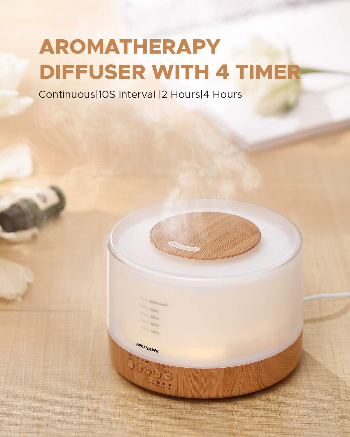 muson Essential Oil Diffuser Sound Machine Combo Diffuser for Aromatherapy Fragrant Oil Cool Mist Humidifier with Natural Sound Music & Warm Night Light, Auto Shutoff, White